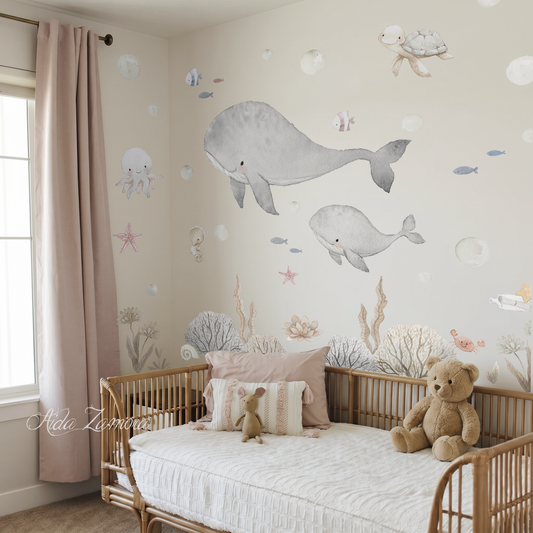 Under the Sea Fabric Nursery Wall Decals - Watercolor Marine Animals Set