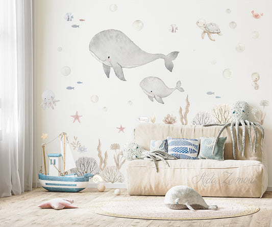 Under the Sea Fabric Nursery Wall Decals - Watercolor Marine Animals Set