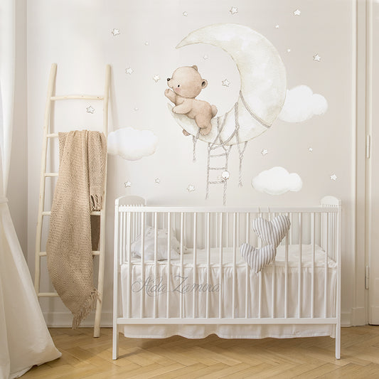 Bear on the Moon Fabric Nursery Wall Decals - Watercolor Celestial Set