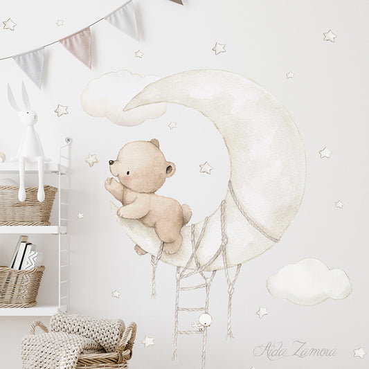 Bear on the Moon Fabric Nursery Wall Decals - Watercolor Celestial Set
