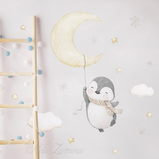 Penguin with Moon Balloon Fabric Nursery Wall Decals - Watercolor Celestial Set