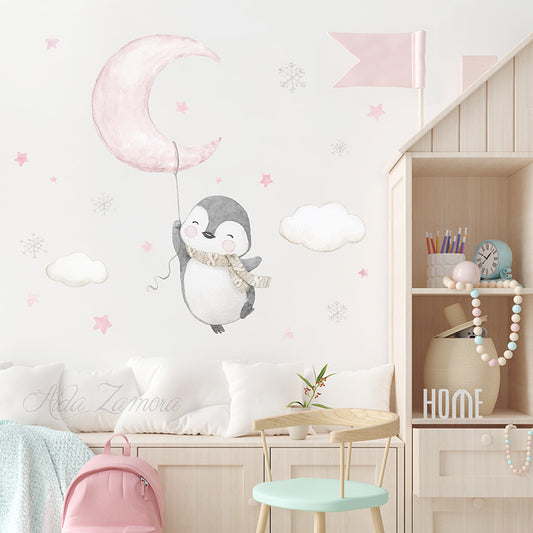 Penguin with Moon Balloon Fabric Nursery Wall Decals - Watercolor Celestial Set