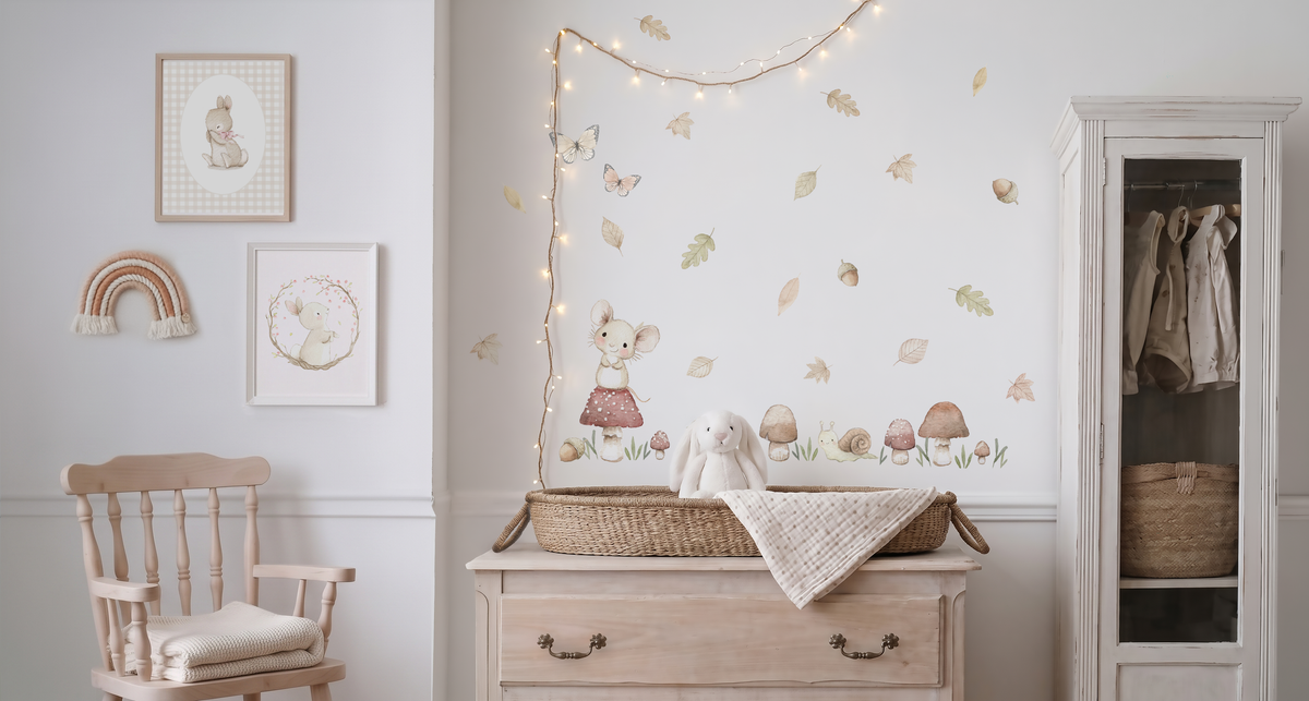 Aida Zamora hand-painted watercolor fabric wall decals in a warm nursery bedroom