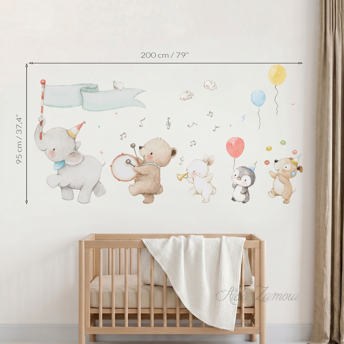 Size guide diagram showing the Animal Music Band fabric wall decal dimensions measuring 79 inches wide by 37.4 inches high above a wooden crib