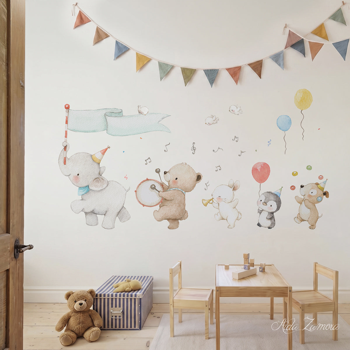 Animal Music Band fabric nursery wall decal set featuring watercolor elephant, bear, bunny, penguin, and puppy playing instruments by Aida Zamora