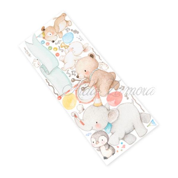 Printed layout sheet of the Animal Music Band fabric wall decal set featuring cut-out watercolor animals, music notes, and party elements