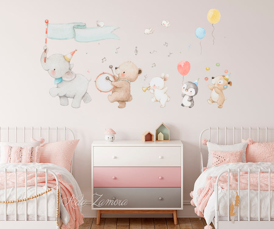 Full Animal Music Band fabric wall decal set styled on a neutral wall above two metal twin beds with pastel pink bedding and a multi-colored nightstand