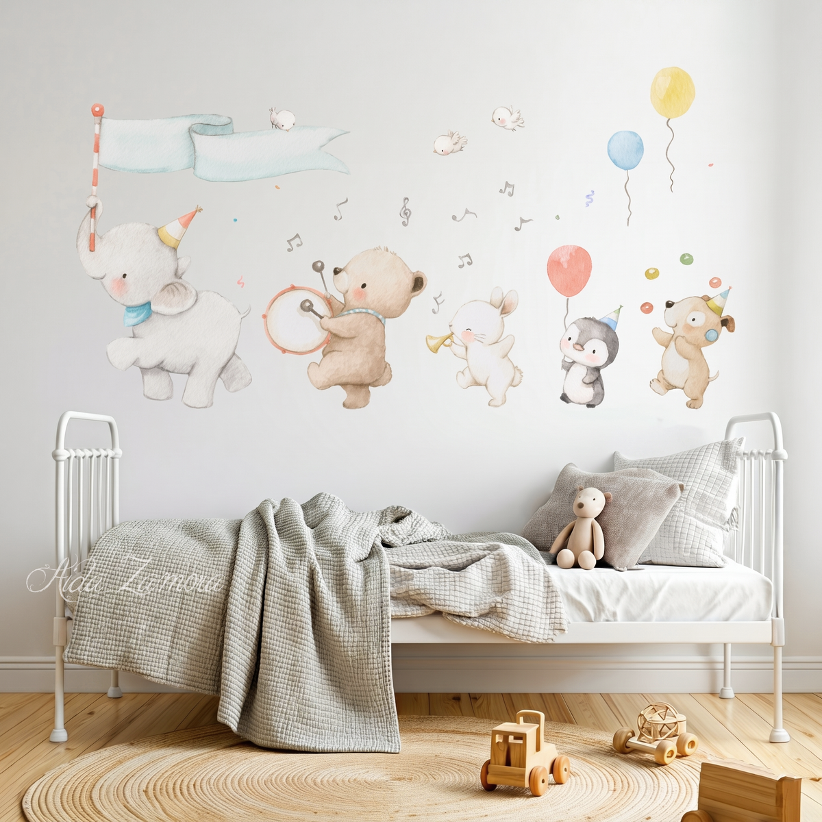 Detailed view of Animal Music Band fabric wall decal showing watercolor elephant with banner, bear with bass drum, and bunny with trumpet in a nursery room
