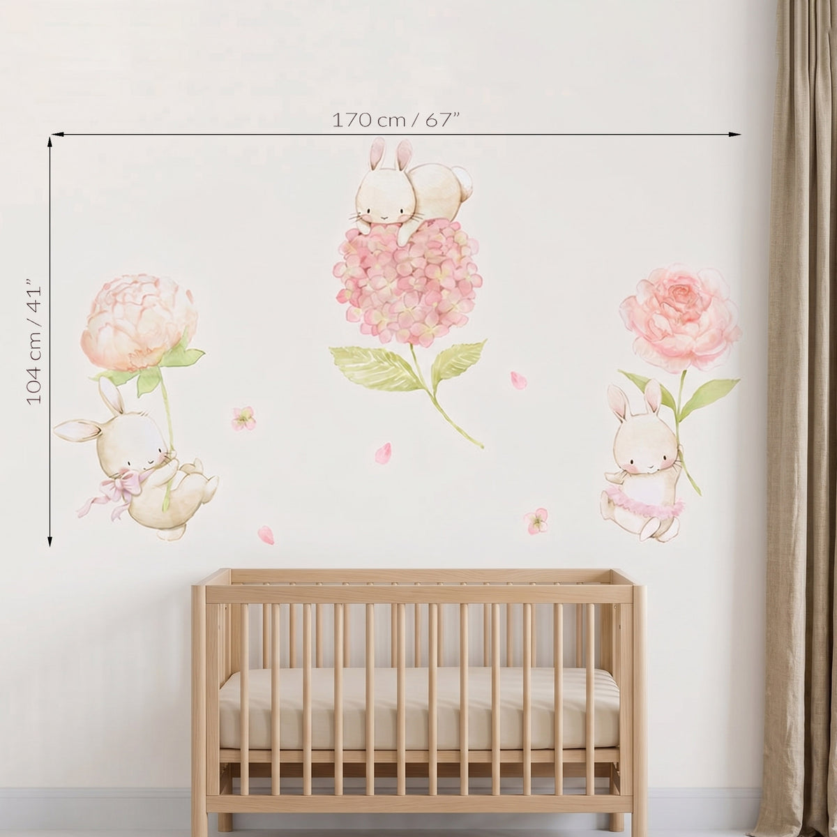 Size guide diagram showing Floral Bunnies fabric wall decal dimensions measuring 67 inches wide by 41 inches high set above a crib