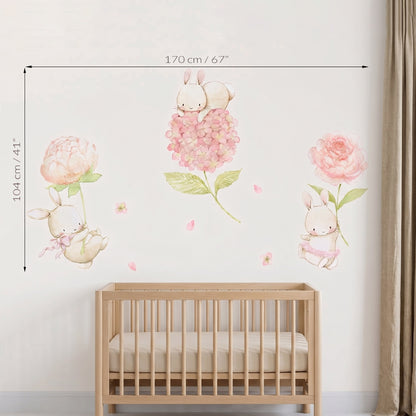 Size guide diagram showing Floral Bunnies fabric wall decal dimensions measuring 67 inches wide by 41 inches high set above a crib