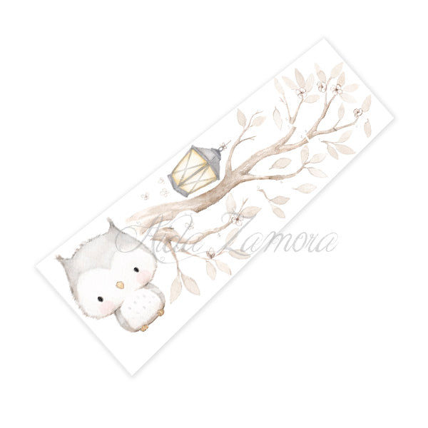 Unpacked product sheet of Owl fabric wall decals showing watercolor owl and tree branch stickers before placement