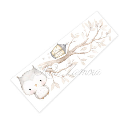 Unpacked product sheet of Owl fabric wall decals showing watercolor owl and tree branch stickers before placement