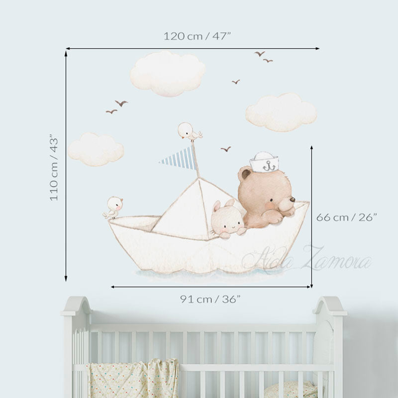 Size guide diagram showing Paper Boat fabric wall decal dimensions measuring 47 inches wide by 43 inches high set above a crib