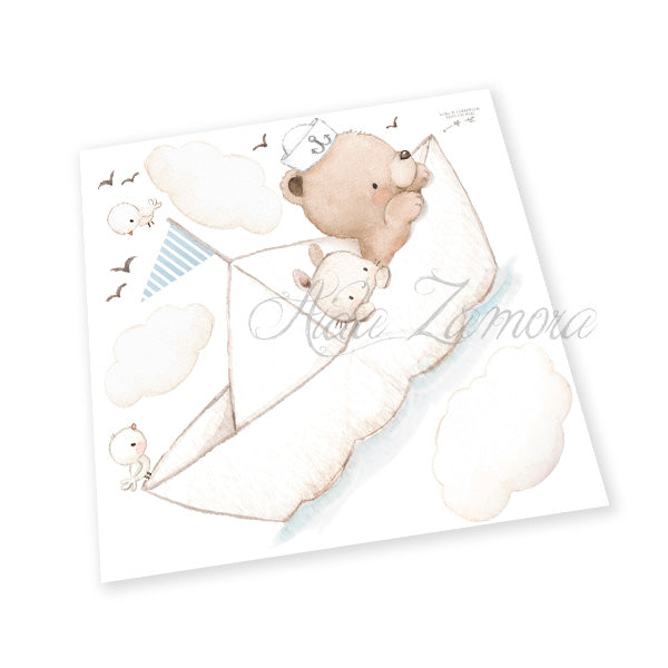 Printed layout sheet of the Paper Boat fabric wall decal set featuring cut-out watercolor teddy bear sailor, bunny, paper boat, clouds, and flying seagulls