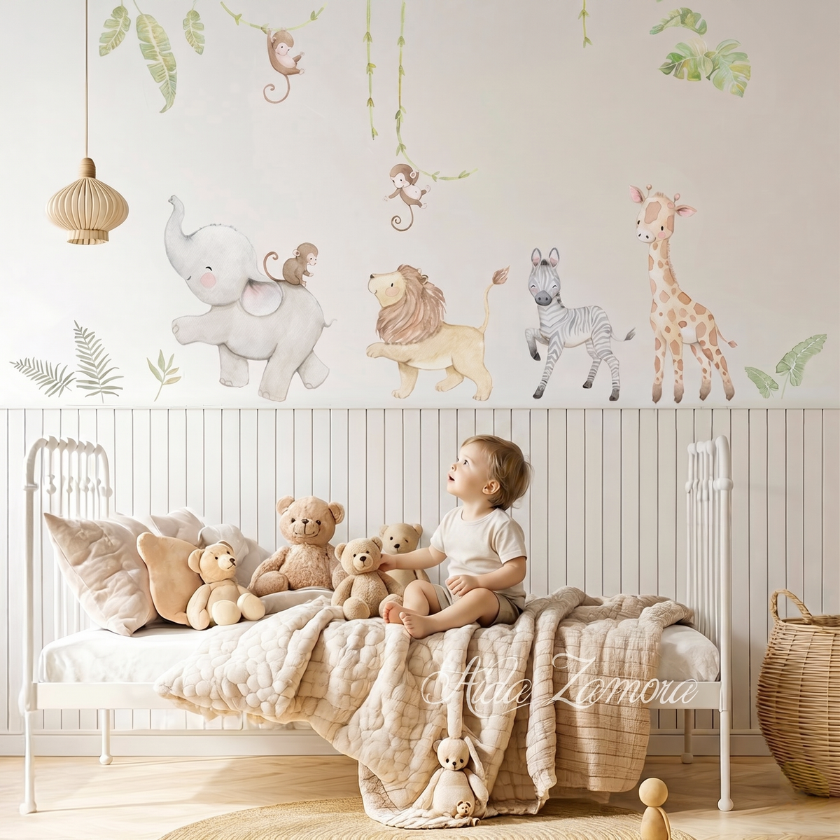 Handcrafted watercolor safari animals fabric nursery wall decal featuring a friendly giraffe, elephant, lion, zebra, monkey, and tropical trees by Aida Zamora.