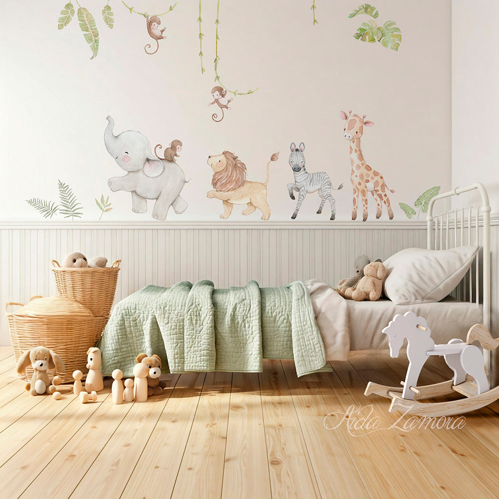 Alternative view of watercolor safari animals fabric nursery wall decal set by Aida Zamora.