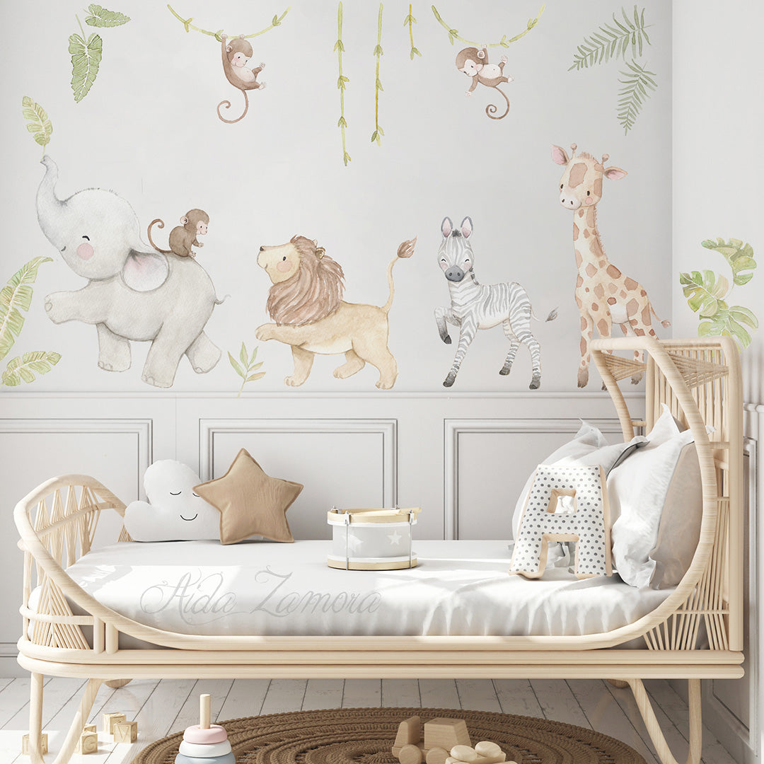 Close-up detail of watercolor safari animals fabric wall decal showing giraffe and nursery decor elements by Aida Zamora.