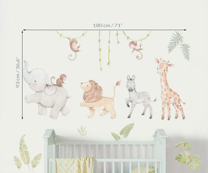 Size guide diagram showing measurements and layout dimensions for the safari animals fabric wall decal set by Aida Zamora.