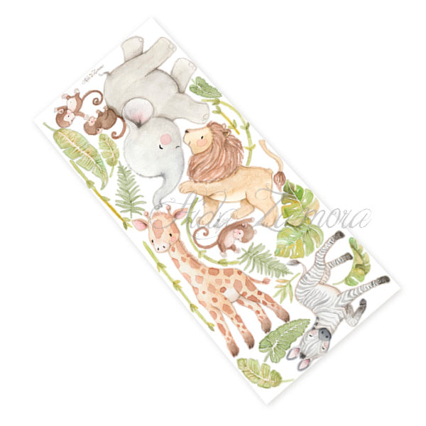 Sheet layout of watercolor safari animals fabric nursery wall decal set showing cut-out repositionable pieces by Aida Zamora.