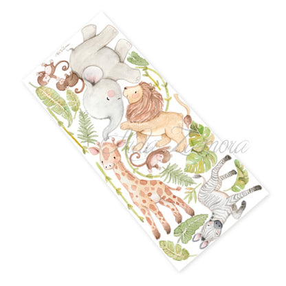 Sheet layout of watercolor safari animals fabric nursery wall decal set showing cut-out repositionable pieces by Aida Zamora.