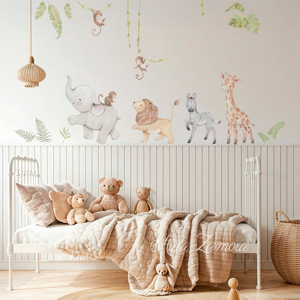Secondary view of watercolor safari animals fabric wall decal set for nursery decor by Aida Zamora.