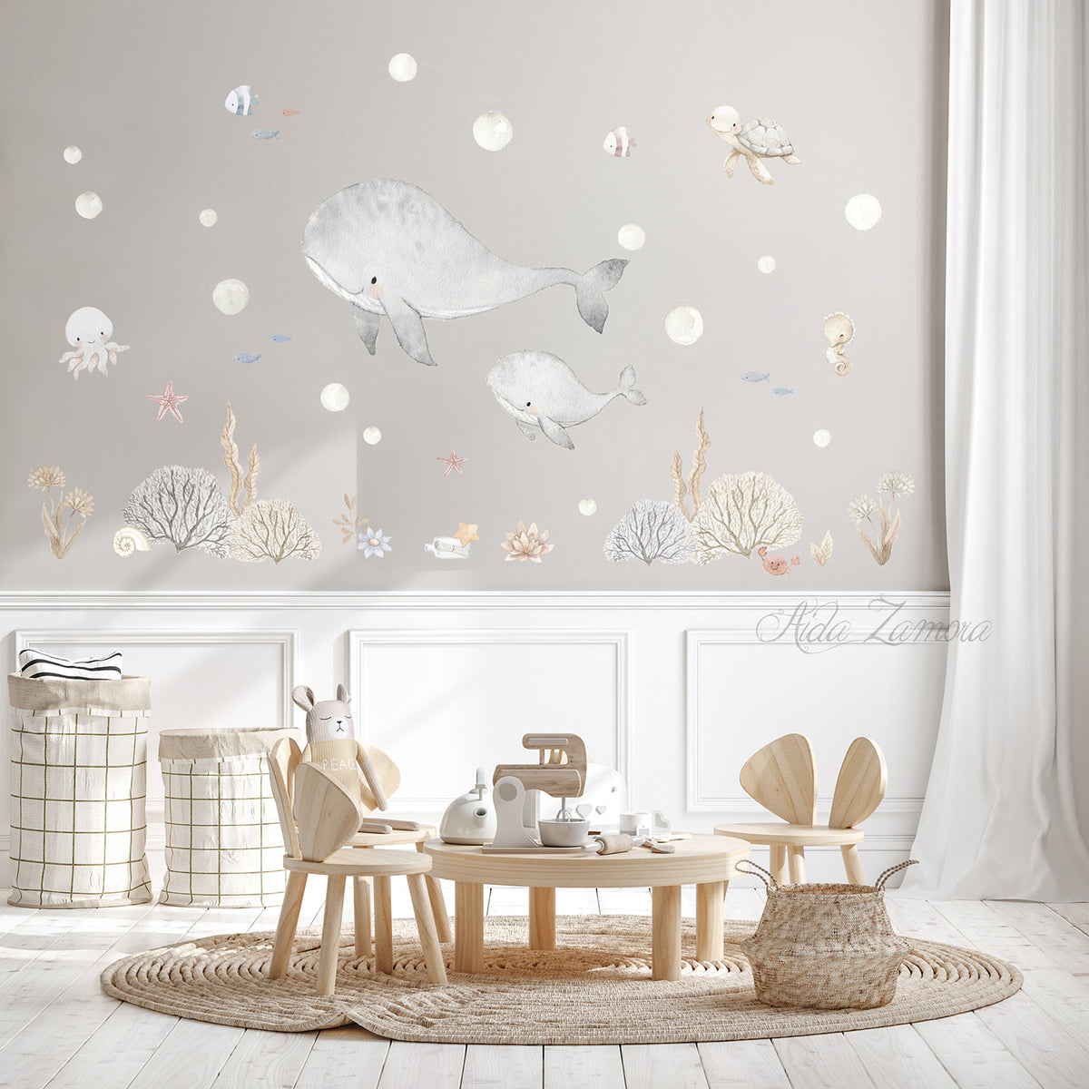 Sea Friends watercolor ocean animals nursery wall decal featuring whale, sea turtle, crab, and fish by Aida Zamora.