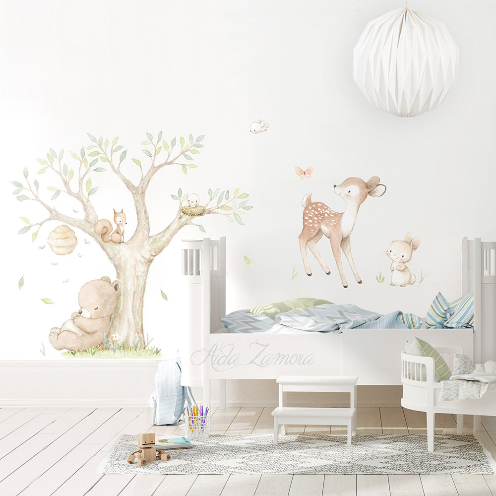 Nursery room wall decor featuring watercolor woodland forest animals fabric decal with bear, fox, deer, and owl by Aida Zamora.