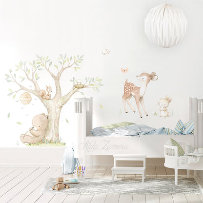 Nursery room wall decor featuring watercolor woodland forest animals fabric decal with bear, fox, deer, and owl by Aida Zamora.