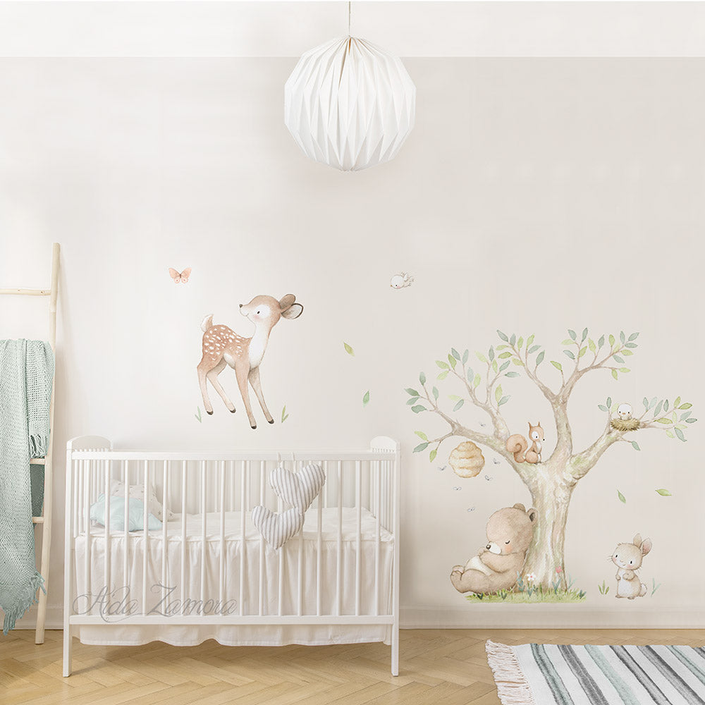Close-up detail of watercolor woodland forest animals fabric nursery wall decal with bear and fox by Aida Zamora.