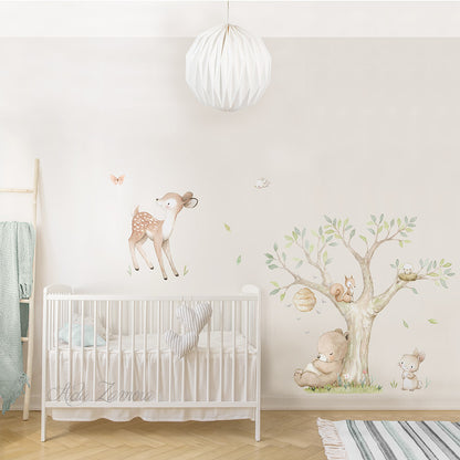 Close-up detail of watercolor woodland forest animals fabric nursery wall decal with bear and fox by Aida Zamora.