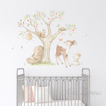 Room display of watercolor woodland forest animals fabric nursery wall decal featuring bear, fox, deer, and owl by Aida Zamora.