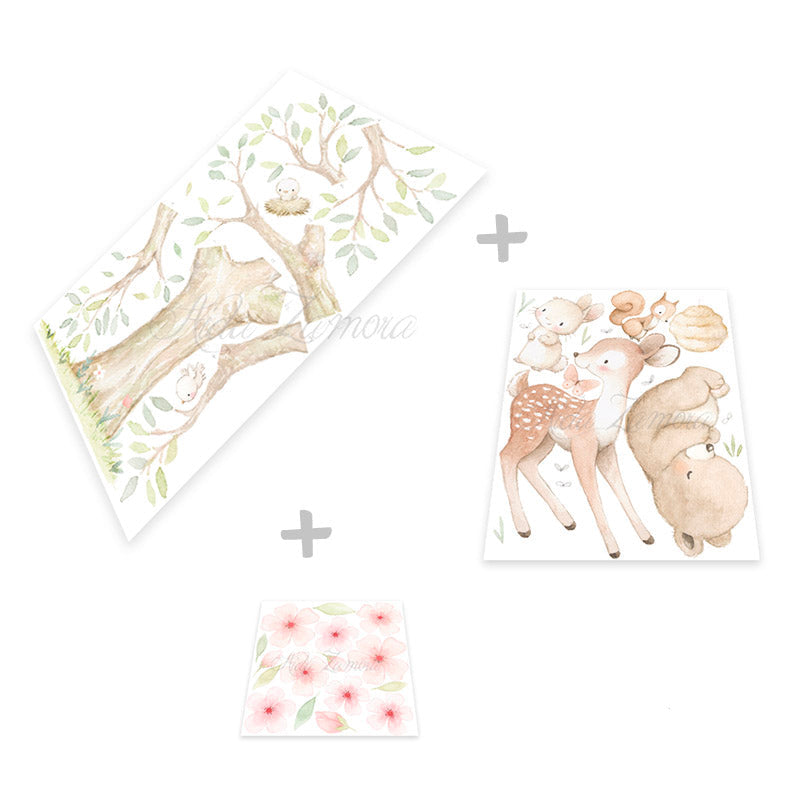 Fabric wall decal sheets featuring watercolor woodland forest animals including bear, fox, deer, and owl by Aida Zamora.