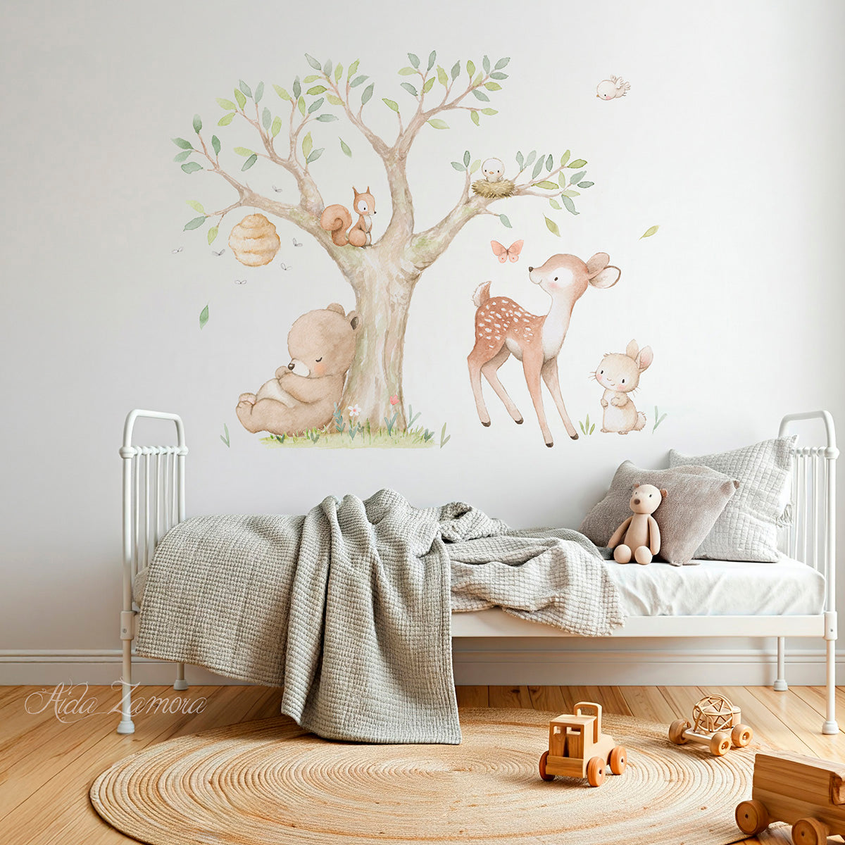 Watercolor woodland forest animals fabric nursery wall decal featuring bear, fox, deer, and owl by Aida Zamora.