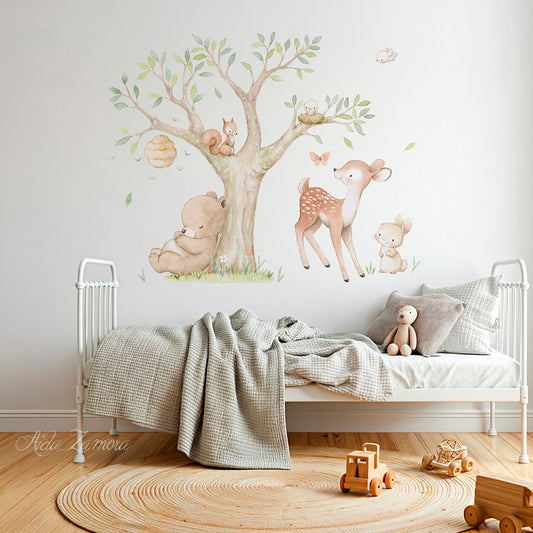 Watercolor woodland forest animals fabric nursery wall decal featuring bear, fox, deer, and owl by Aida Zamora.
