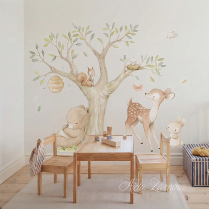 Watercolor woodland forest animals fabric nursery wall decal with bear, fox, deer, owl, and trees by Aida Zamora.