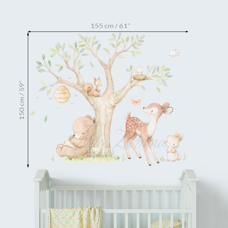 Size guide and dimensions for watercolor woodland forest animals fabric nursery wall decal with bear, fox, deer, and owl by Aida Zamora.