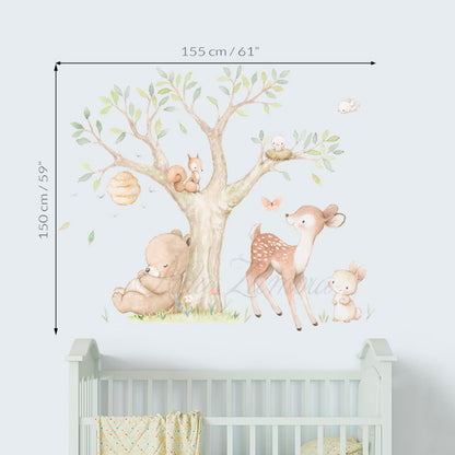 Size guide and dimensions for watercolor woodland forest animals fabric nursery wall decal with bear, fox, deer, and owl by Aida Zamora.
