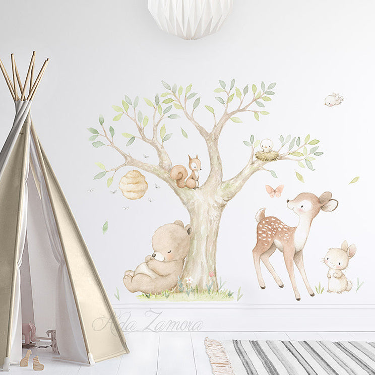 Watercolor woodland forest animals fabric nursery wall decal featuring bear, fox, deer, owl, and trees by Aida Zamora.