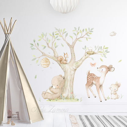 Watercolor woodland forest animals fabric nursery wall decal featuring bear, fox, deer, owl, and trees by Aida Zamora.